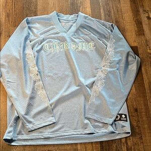 Chrome Hearts Pale Blue Mesh Long-Sleeve V-Neck Jersey